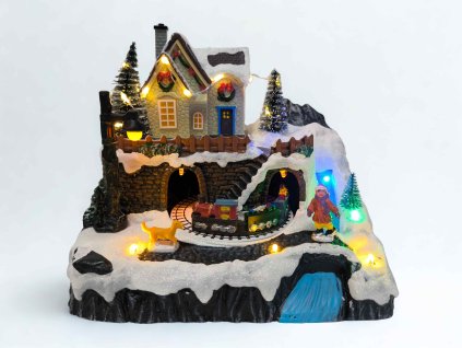 Vianočná dedinka s vláčikom, LED osvetlením a melódiami