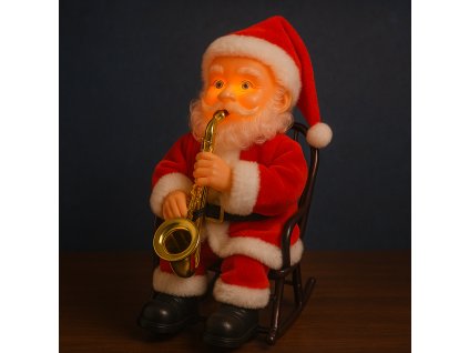 Santa Claus so saxofónom na hojdacom kresle – svieti, hýbe sa a hrá hudbu (23 cm)