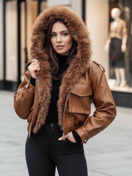 Dámská bunda s kožešinou SOFTREBEL hnědá Dstreet (Barva Kamelowy, Velikost S)
