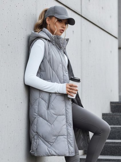 Dámská dlouhá prošívaná vesta šedá Dstreet (Barva Světle šedá, Velikost S)