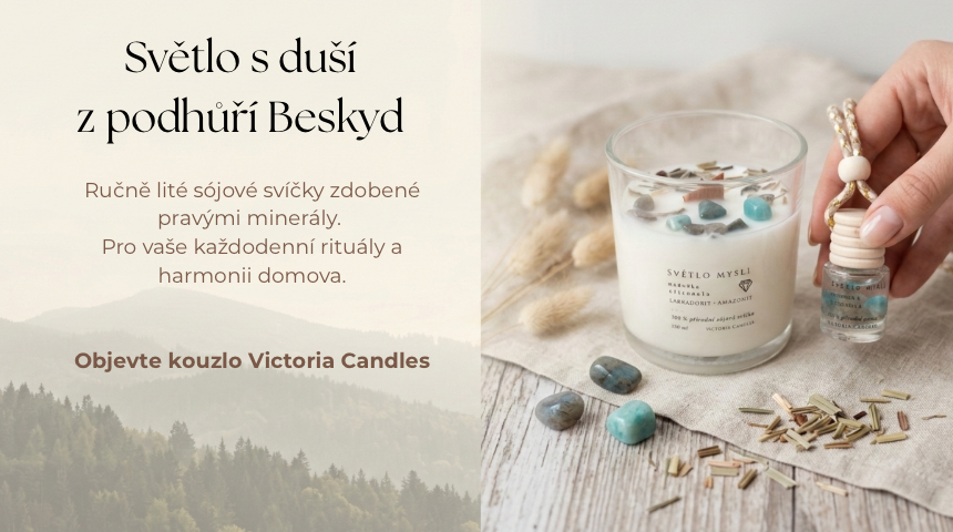 Svíčka s duší z podhůří Beskyd, přírodní sójová svíčka s krystaly pro harmonizaci domova jako malý rituál.