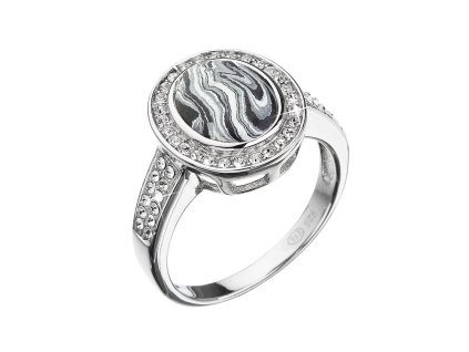 Stříbrný prsten ovál černobílý mramor se Swarovski krystaly 75018.1 (Velikost 52 (ø16,6 mm))