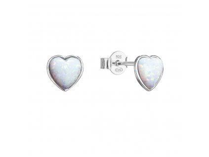 Stříbrné náušnice pecky se syntetickým opálem bílé srdce 11337.1