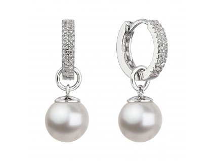 Stříbrné visací náušnice kroužky s bílou Preciosa perlou 31298.1