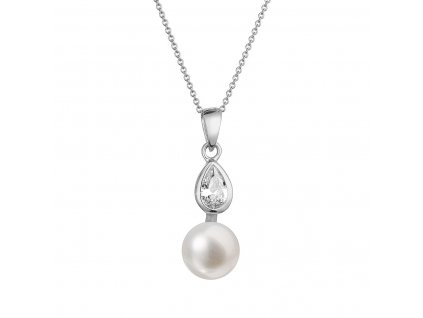 Zlatý 14 karátový náhrdelník bílé zlato s bílou říční perlou a zirkony 82PZ00048