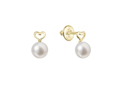 31655 zlate 14 karatove nausnice pecky zlute zlato srdicko s bilou ricni perlou 91p00048
