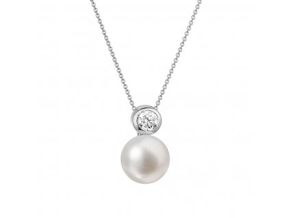 Zlatý 14 karátový náhrdelník bílé zlato s bílou říční perlou a briliantem 82PB00045