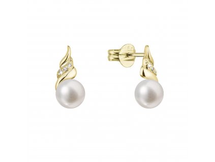 Zlaté 14 karátové náušnice s říční perlou a brilianty 91PB00059