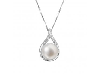Zlatý 14 karátový náhrdelník slza bílé zlato s bílou říční perlou a brilianty 82PB00032