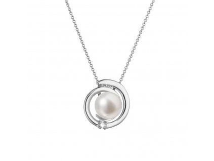 Zlatý 14 karátový náhrdelník bílé zlato s bílou říční perlou a briliantem 82PB00046