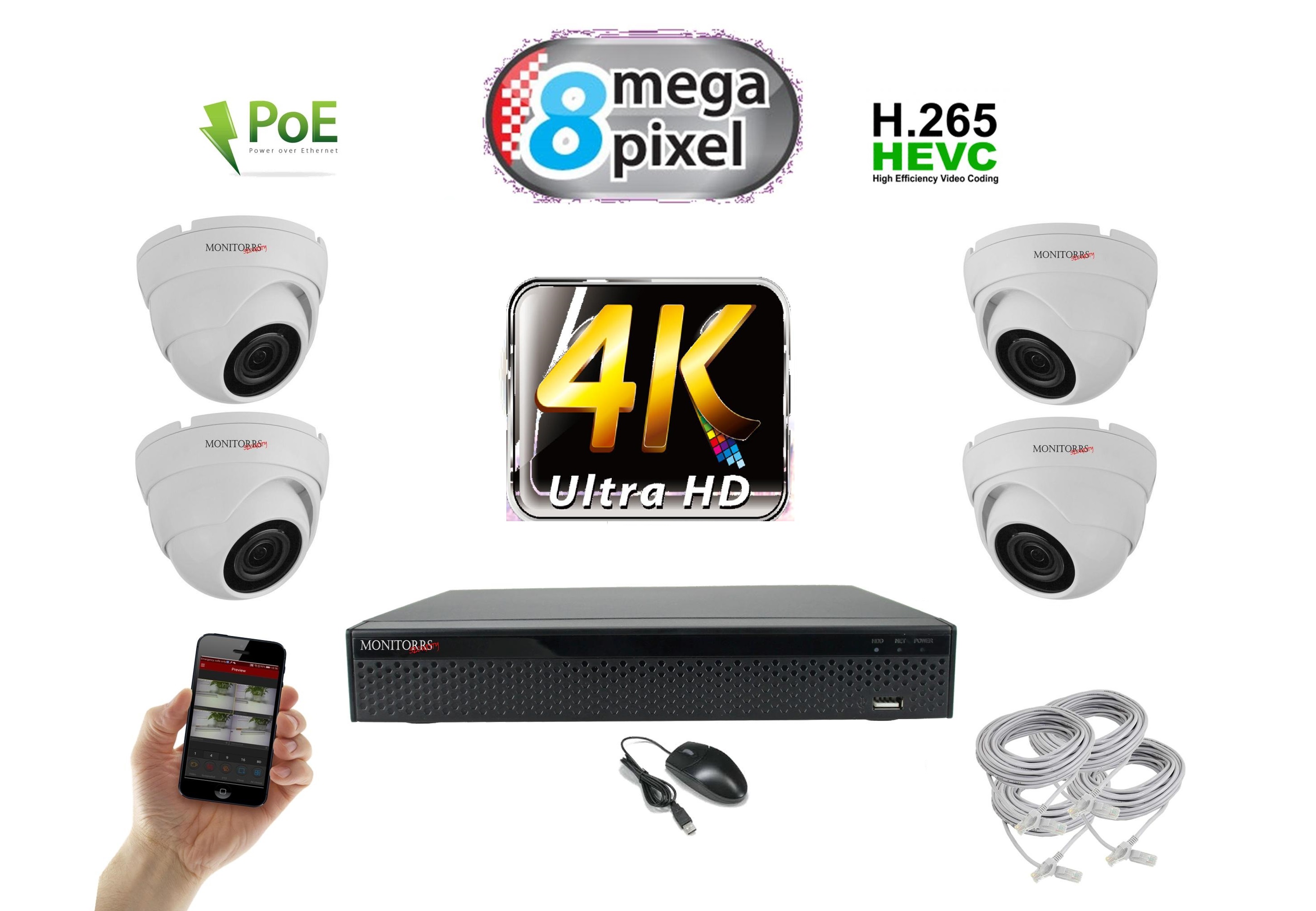 Monitorrs Security 4K IP Kamerový systém 4 kam. WD