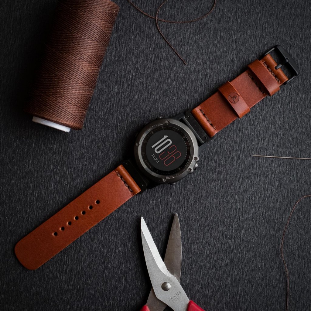 LEATHER GARMIN WATCH STRAP - COGNAC - VIDRA BRAND