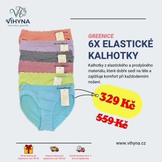 🔥 AKCE 🔥 6 PACK elastických kalhotek Greenice Pohodlí na každý den díky pružnému materiálu, který se dokonale přizpůsobí...