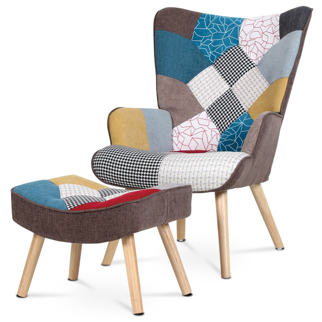 Křeslo ušák s podnožkou potah patchwork látka AKR120PW