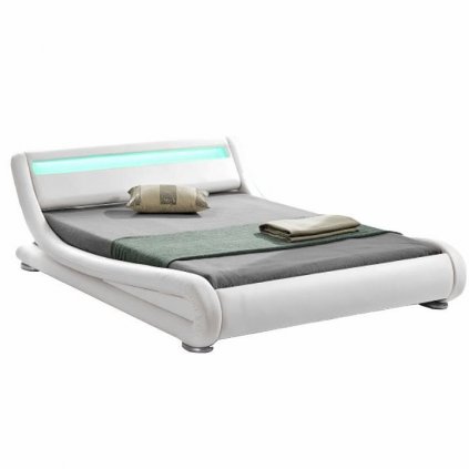 Manželská postel 180x200 cm s roštem a LED osvětlením bílá ekokůže TK3021