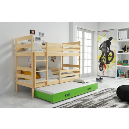 Dětská patrová postel s přistýlkou Norbert borovice/zelená
