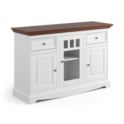Belluno Elegante bílá komoda 3D2S z masivu s ořechovou deskou