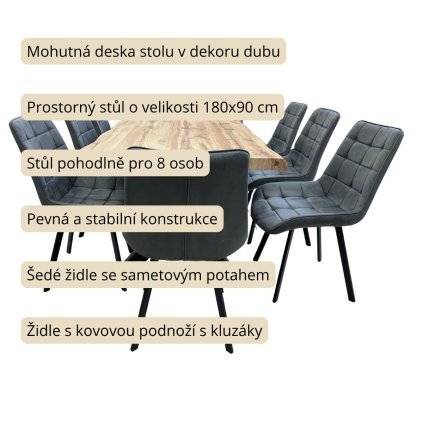 Jídelní set pro 6 osob 180x90 cm dub, šedá samet VJS118-61S-S