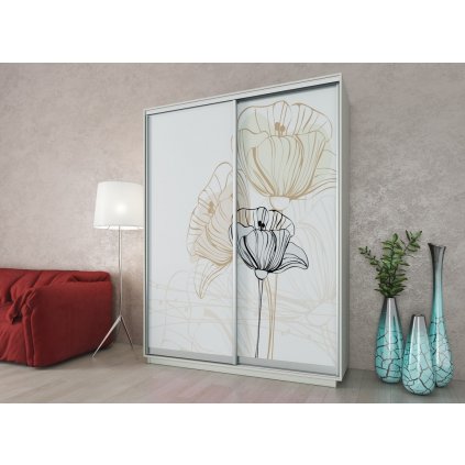 Šatní skříň 180 cm s posuvnými bílými dveřmi s dekorem květů