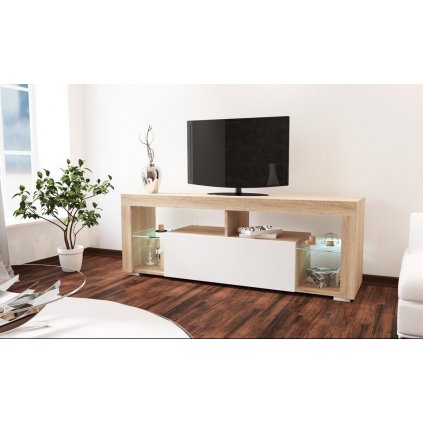 Televizní stolek 140x34 cm s výklopnými dvířky v bílém lesku
