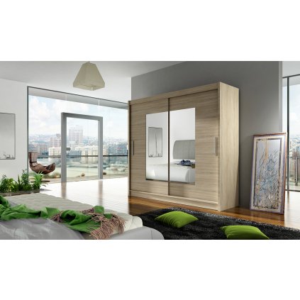 Skříň s posuvnými dveřmi v dekoru dub sonoma se zrcadly na středu dveří F1104