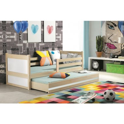 Dětská postel s přistýlkou v dekoru borovice v kombinaci s bílou barvou 90x200 cm F1133