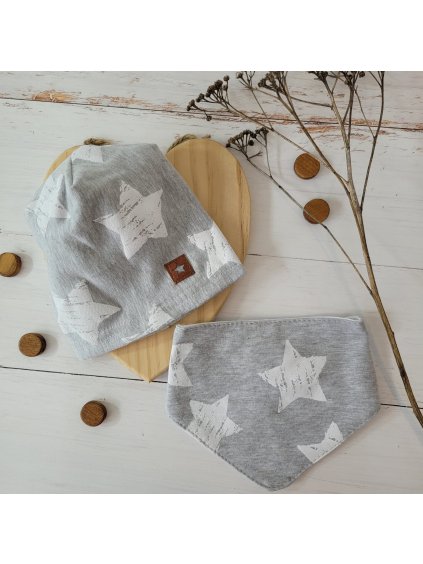 Bavlněný set - čepička a šátek, šedý s bílými hvězdami