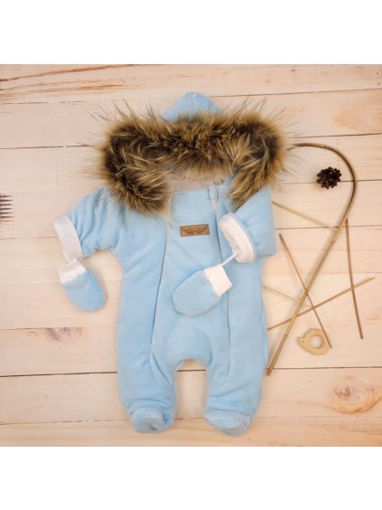 Kojenecká zateplená zimní kombinéza odnímatelnou kožešinou a rukavicemi, 56-86 modrý