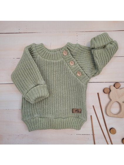 Dětský pletený svetr s manžetami a knoflíky, 56-86 olive