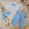 4ks módní křestní obleček na léto, elegantní set body s krátkým rukávem + kalhoty s dřevěnými knoflíky56-86 modrá