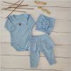 Funkcjonalny komplet niemowlecy dla dziewczynki. Elastyczny niebieski komplet dziewczecy. Legginsy ze spodniczka, body i opaska dla malej dziewczynki. Komplet na co dzien, uroczystosci, wyjscie ze szpitala.