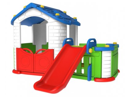 Domek ogrodowy 3w1 dla dzieci Niebieski + Zjeżdżalnia + Ogródek z płotkiem