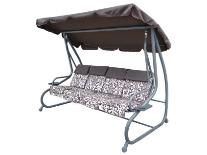 Duża Huśtawka ogrodowa 4-osobowa Brązowy + Tekstylina + Daszek + Regulowane siedzisko + 4 Poduszki