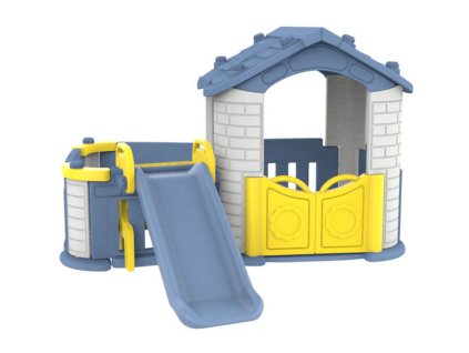 Domek ogrodowy 3w1 dla dzieci Niebieski + Zjeżdżalnia + Ogródek z płotkiem