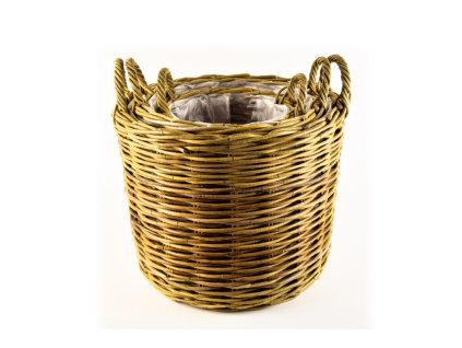 Obal na květináč s uchy RATTAN s igelit., pr.46x45|40x41|30x38cm, šedá, Sada 3 ks