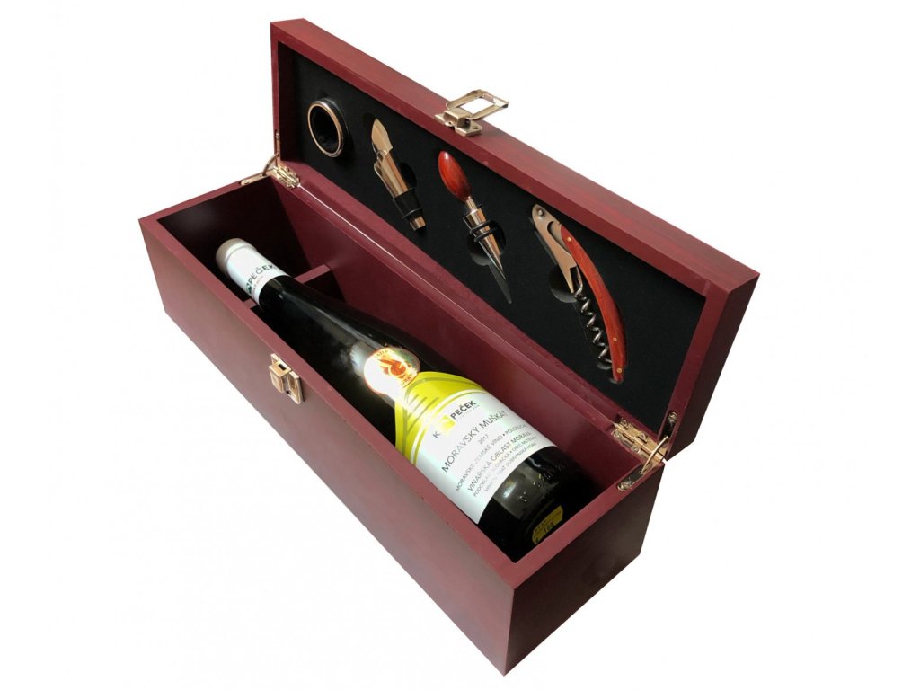 Dárkový box na víno mahagon 4 pomůcky