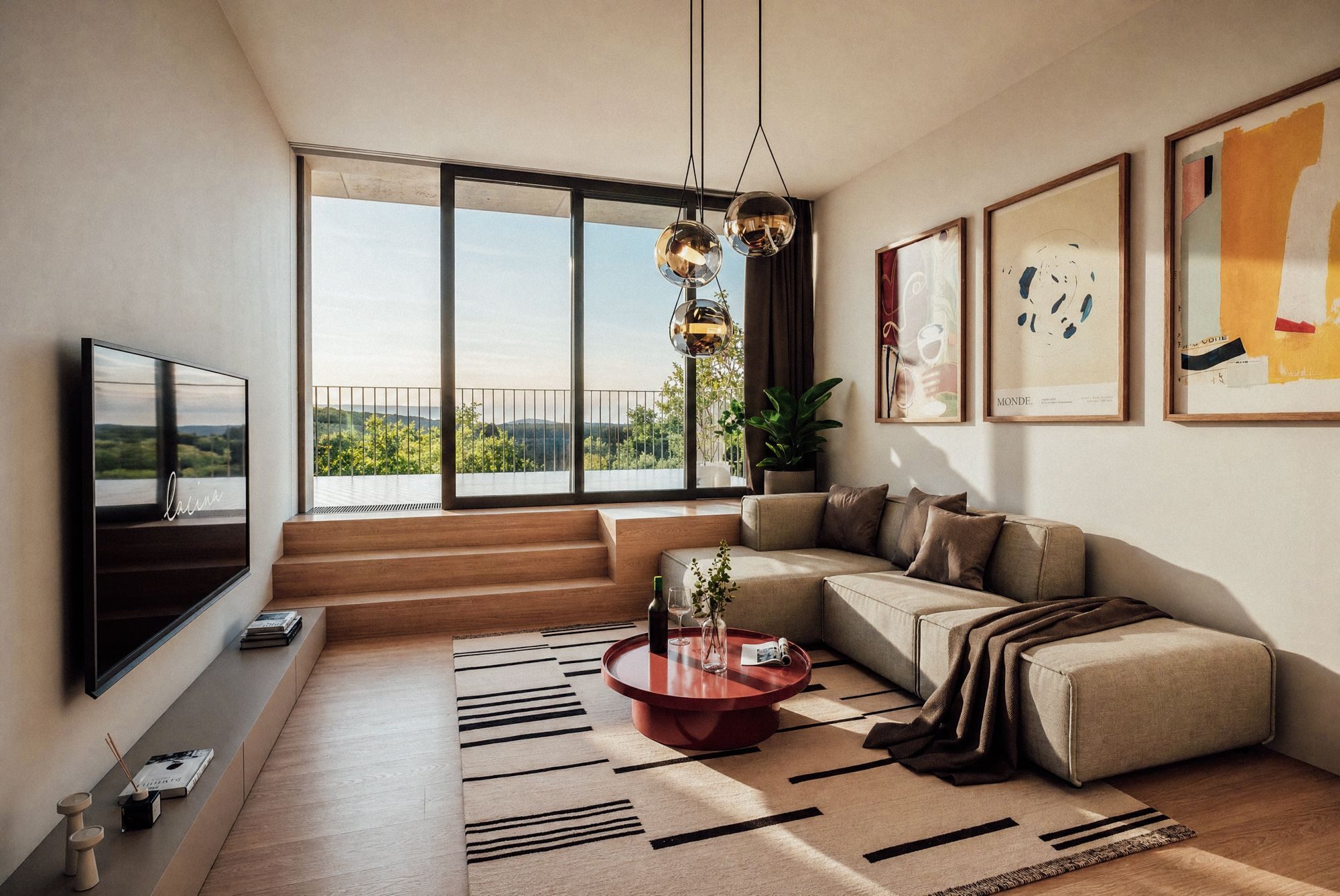 Obývací pokoj střešního apartmánu s výhledem