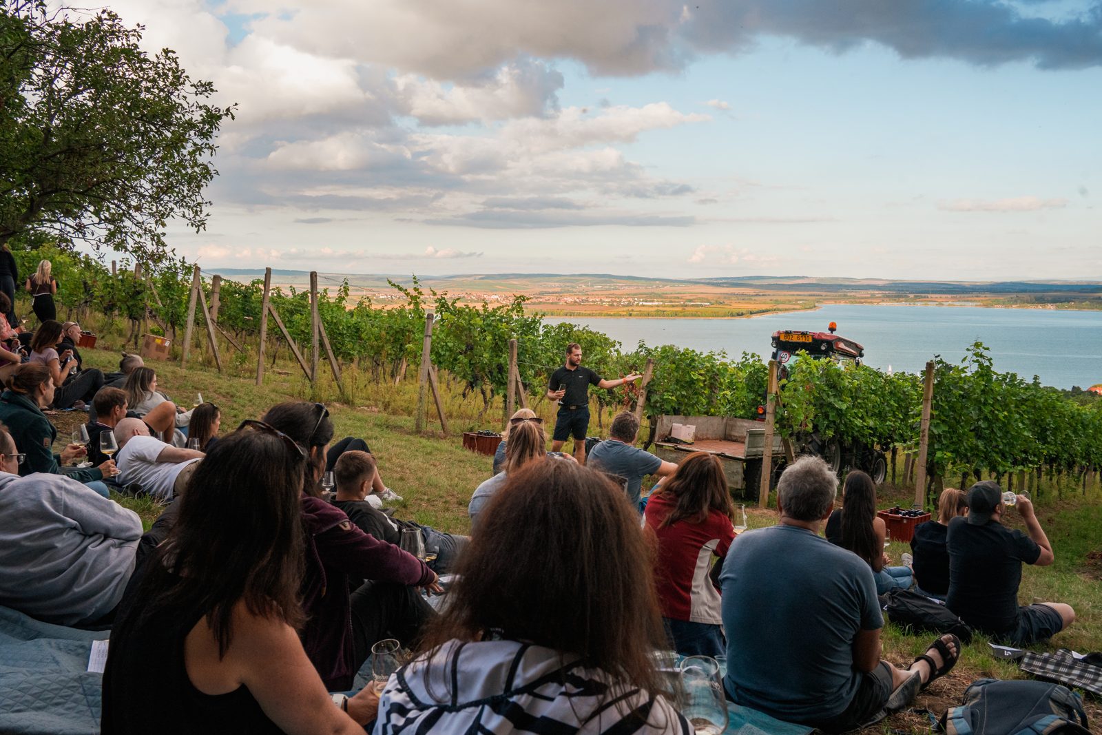 Teambuilding s degustací vína ve vinici nad Pavlovem s výhledem na Novomlýnské nádrže, vinař vysvětluje skupině