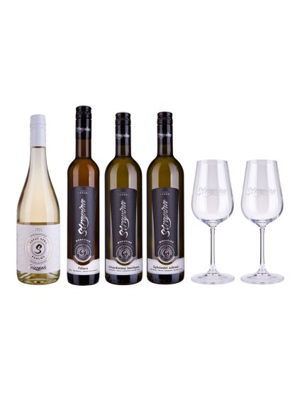 Degustační kvarteto Strapina – dárkové balení čtyř moravských vín z Pavlova (Fryzanté 2023, Pálava 2023, Sylvánské zelené 2022, Chardonnay barrique 2022) a dvou degustačních skleniček z rodinného vinařství na Pálavě.