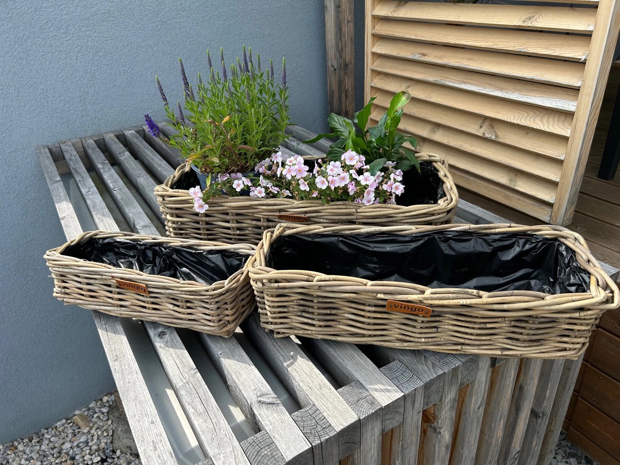 Ratanový truhlík s podzimní výsadbou na parapetu