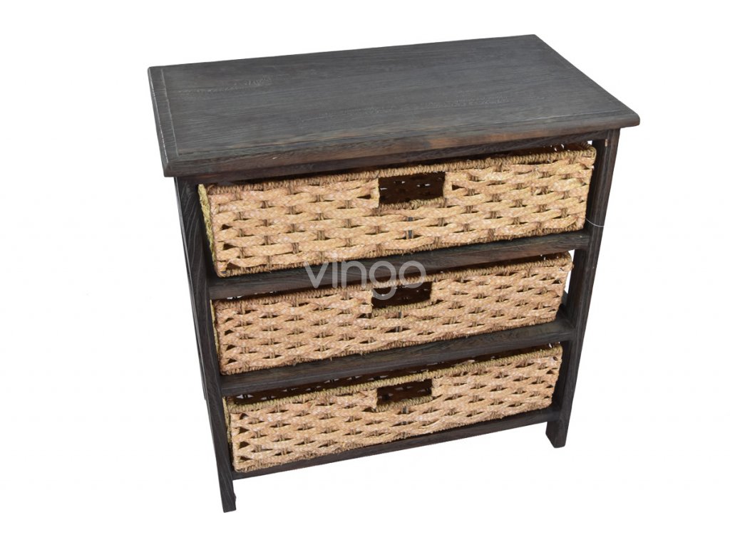 Hnědozelená dřevěná komoda s košíky z trávy, 57 x 56 cm - Vingo