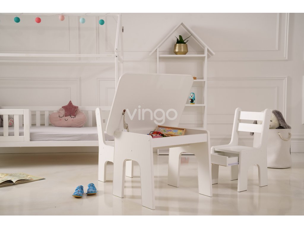 Dětský bílý stolek otevírací s přihrádkou v dětském pokoji