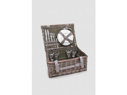 Šedý proutěný piknikový koš pro 4 – 40 x 31 cm s otevřeným víkem
