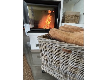 Ratanový koš na dřevo na kolečkách, čtverec - šedý, 2. jakost