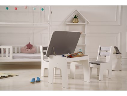 Dětský šedý stolek otevírací s přihrádkou v dětském pokoji