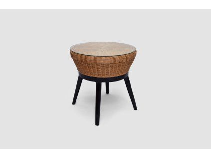 Honig -Rattan -Tisch mit Elementen aus massivem Mahagoniholz
