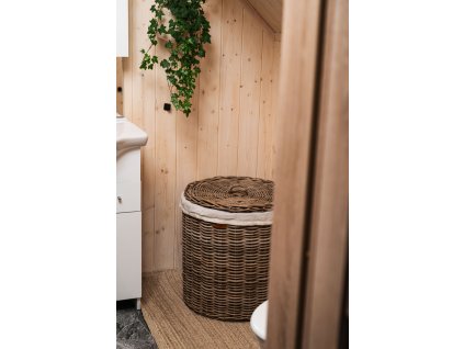 Rattan-Wäschekorb mit Deckel, rund - grau