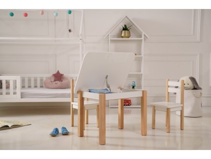 Dětský stolek a dvě židličky s přihrádkami v bílo-přírodní odstínu