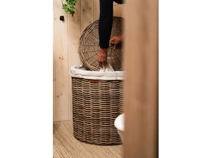 Rattan szennyeskosár tetővel, kerek - szürke