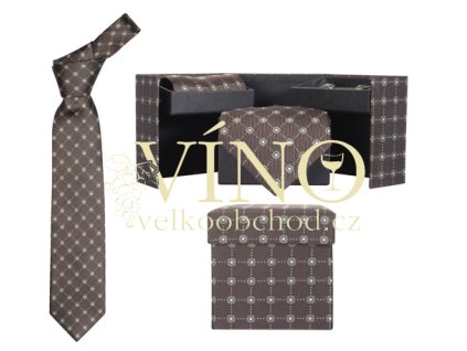 André Philippe set - kravata hedvábná + manžetové knoflíčky + kapesník, hnědá